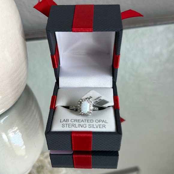 Womens Lab Created White Opal Sterling Silver Cushion Halo Cocktail Ring - Picture 4 of 6